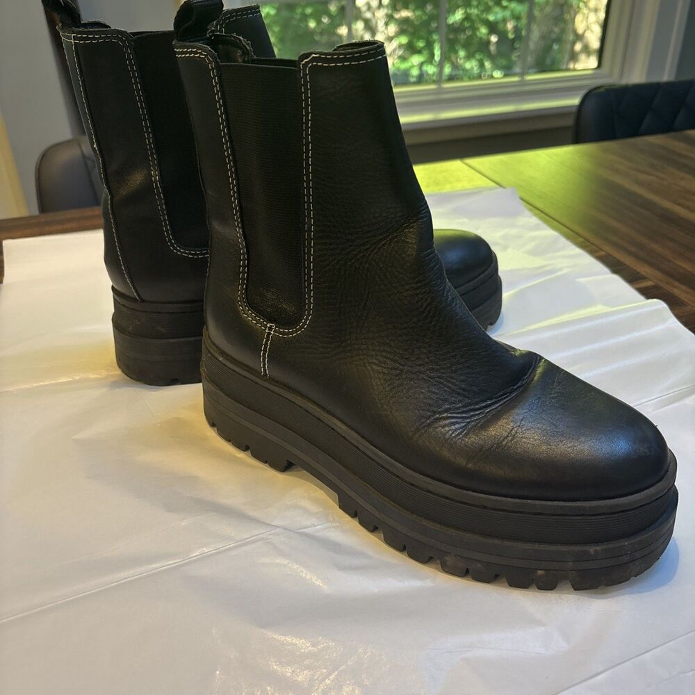 Marc Fisher Boots Womens 9 Black Chelsea Pietro Lug Leather Platform Retro EUC